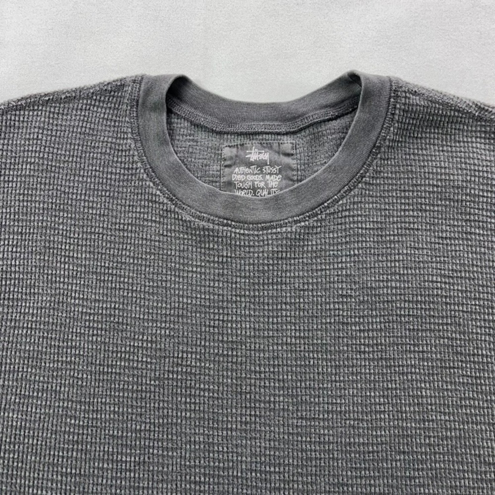 Stussy Short Sleeve Thermal Shirt Men Large Gray Waffle Knit Tee Pigment Dyed - Picture 2 of 9